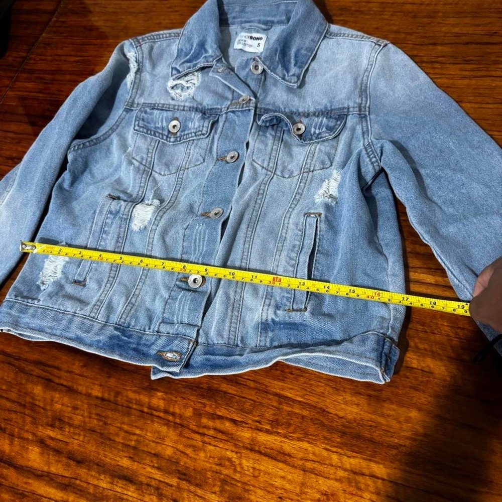 Cisono Blue Distressed Denim Jacket Womens Small Light Wash Button Front